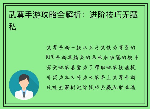 武尊手游攻略全解析：进阶技巧无藏私