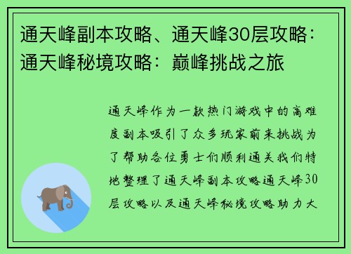 通天峰副本攻略、通天峰30层攻略：通天峰秘境攻略：巅峰挑战之旅